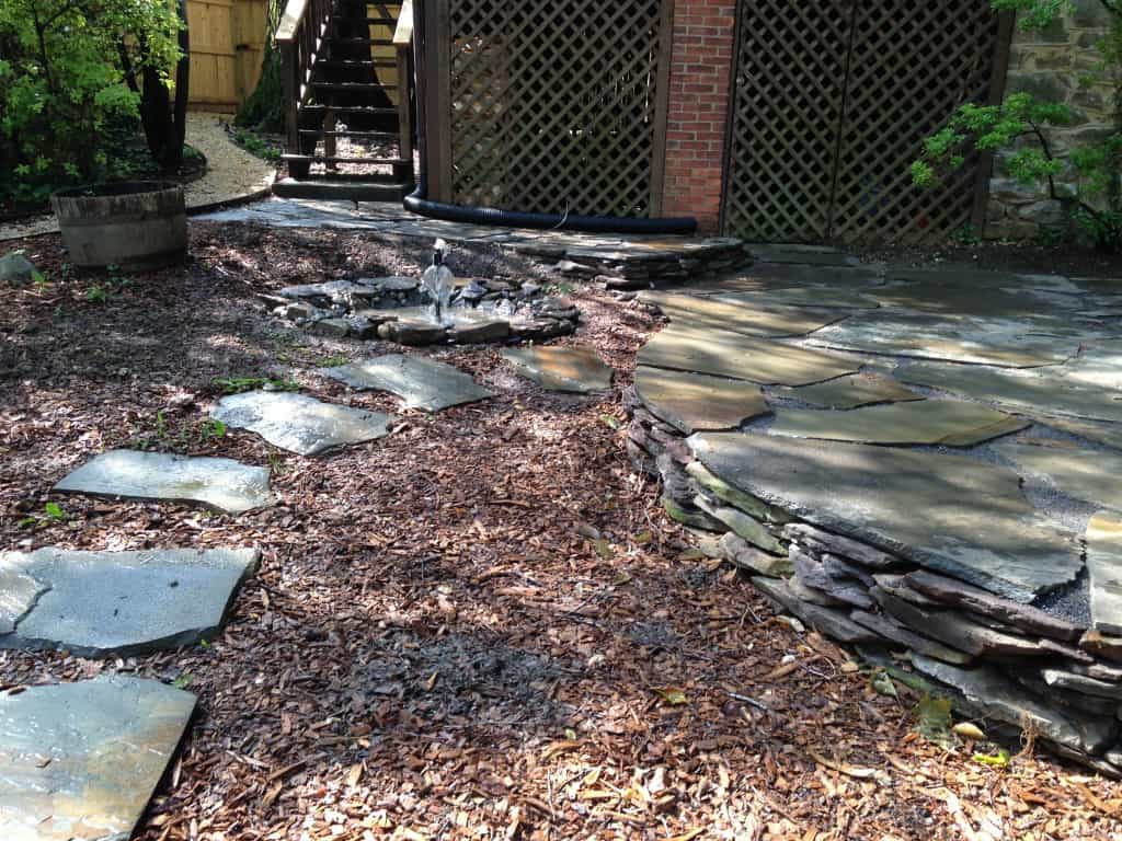 New Mt Washington Backyard After- Garden Wall, Flagstone Patio and Custom Water Feature