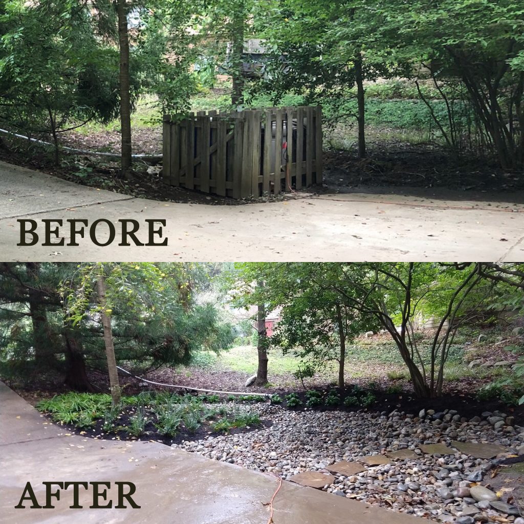 Before and after Planted and rock rain garden