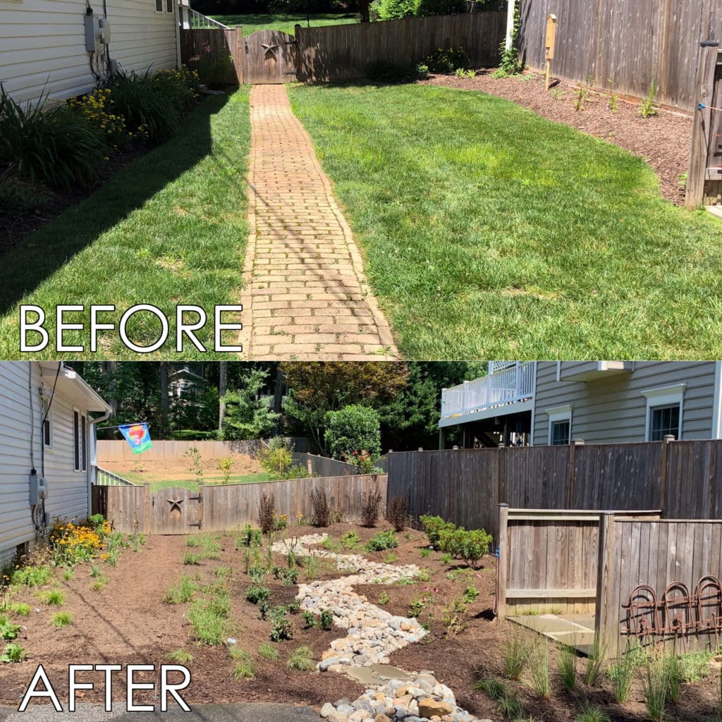 Before and after of a large rain garden