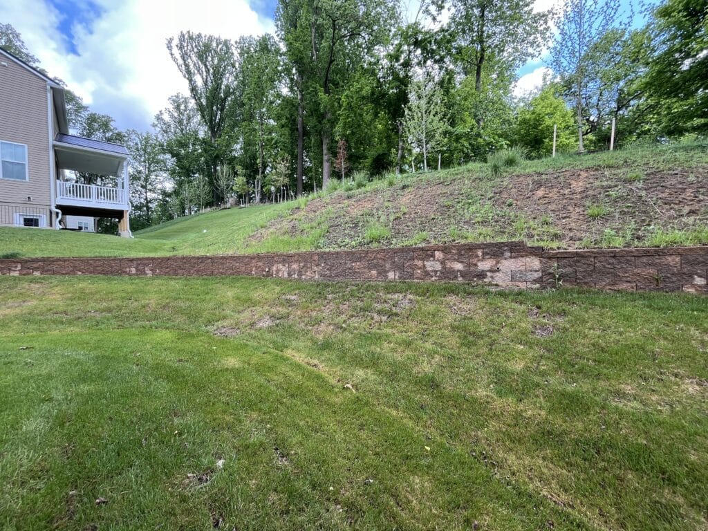 Steep hill behind a retaining wall covered with weeds and spotty vegetation. Bare soil indicates erosion patterns along the slope.