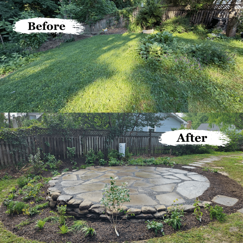 Natural Stone and Native Plants Before and after garden transformation in Bowie, Maryland, featuring natural stone and native plants, an irregular flagstone patio, and a Pennsylvania wallstone retaining wall.